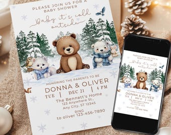 Invito per baby shower invernale modificabile con animali della foresta, fa freddo fuori, modello di paese delle meraviglie invernale stampabile da scaricare
