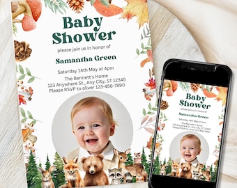 Woodland Baby Shower Invitation, Fox Deer Bear Forest Animals Baby Shower Invite Template, Gender Neutral Baby Shower, Baby Boy Woodlands