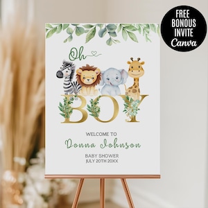Editable Oh Boy Safari Baby Shower Welcome Sign, Jungle Baby Shower sign, Greenery Jungle Safari Animals Sign and free Invitation Template