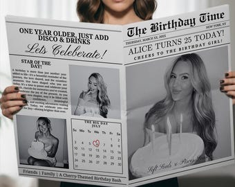 May include: A newspaper-style birthday announcement held by a person. The headline reads "Alice Turns 25 Today!" with photos and text about the birthday celebration. The newspaper includes a calendar with a heart on July 6th.