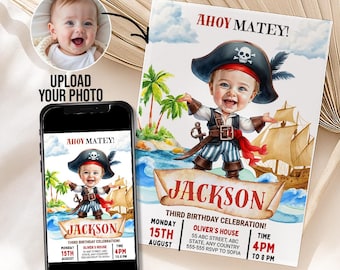 Inbjudan till piratfödelsedag, Ahoy Mateys-festinbjudan, redigerbar, digital nedladdning