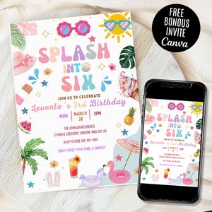 Splish Splash Birthday Invitation Pool Party Birthday Invitation Editable Girly Splash Pad Water Slide Paddling Pool Summer Party