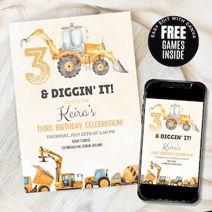 Construction Birthday Invitation, Editable Construction Invitation, Truck Party Invite, Printable template Digital download, 3 & Digging It