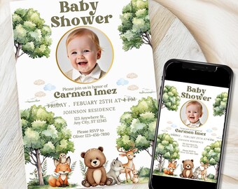 Woodland Baby Shower Invitation, EDITABLE Gender Neutral Woodland animals invite, Woodland Theme Photo Invites Template Instant download