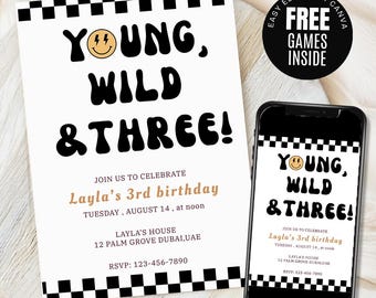 Young Wild and Three Invite Template, Smile Face Birthday Invite, Boy 3rd Birthday, Lightening Bolt Smile, Editable Canva Template