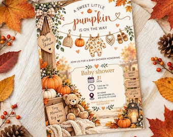 Neutral Fall Shower Pumpkin Invite, Fall Pumpkin Baby Shower, Autumn Baby shower, Pumpkin Invite Editable template