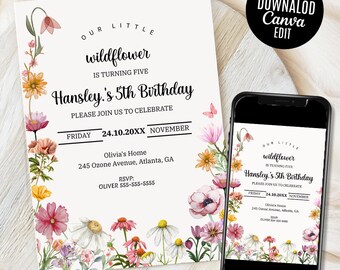 A Little Wildflower Baby Shower Invitation, Editable Baby in Bloom Baby Shower Invite, Spring Flowers Baby Shower Invite Instant download