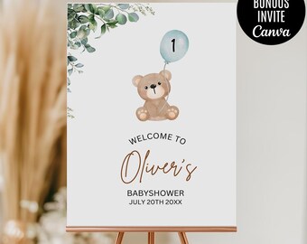 Teddy Bear Baby Shower Welcome Sign, Greenery Baby Shower Welcome Sign, Printable Baby Shower Sign, Baby shower sign, Editable Canva