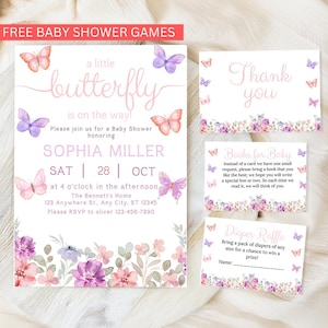 Butterfly Baby Shower Invitation Template Bundle, Purple Butterfly Invite, Butterfly Baby Shower Invite Girl Butterflies and Flowers Pink