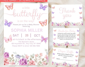Butterfly Baby Shower Invitation Template Bundle, Purple Butterfly Invite, Butterfly Baby Shower Invite Girl Butterflies and Flowers Pink