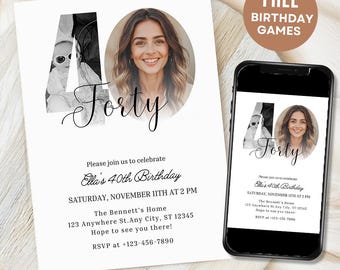 40th Birthday Invite, Look Who's 40, 40th Birthday Invitation with Photo, Simple 40th Invitation, forty Birthday, Invite for Man Woman