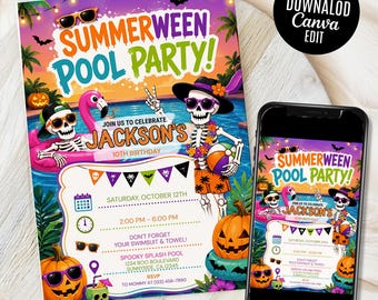 Summerween Pool Party Invitation, Skeleton Float Invite, Spooky Summer Celebration (Digital Download)