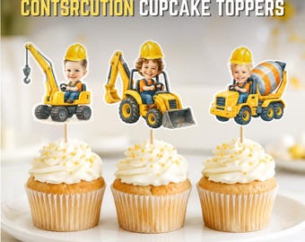 Personalized Construction Trucks Cupcake Toppers (Digital Download) – Custom Face Birthday Party Decorations
