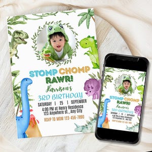 May include: A birthday invitation with a dinosaur theme. The invitation features a photo of a child in a dinosaur costume, surrounded by illustrations of various dinosaurs. Text on the invitation reads "STOMP CHOMP RAWR!" and details the party's date, time, and location.