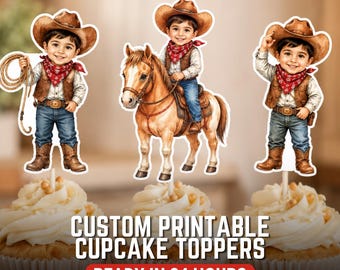 Personalized Cowboy Cupcake Toppers (Digital Download) – Custom Face Birthday Party Decorations
