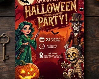 Einladung zur Halloween-Kostümparty für Kinder, Einladung zur Geisterparty, Gruselparty, Spukparty, bearbeitbare Canva-Vorlage für eine Geburtstagsparty