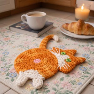Op de afbeelding: Een handgemaakte oranje en witte gehaakte katvormige onderzetter. De onderzetter heeft een cirkelvormig lichaam met een roze centrum, een staart en een kattengezicht met groene knoopogen. De onderzetter is geplaatst op een mat met bloemenpatroon.