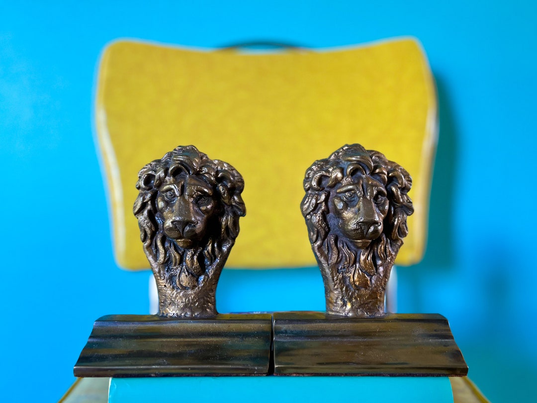 Midcentury Lion Head Bookends Set Cast Iron With Brass Bases Etsy
