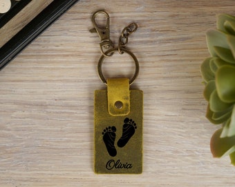 Personalized Leather Keychain | New Parents Gift | Birth Date Engraving | Handcrafted Leather Keepsake | Baby Foot Print