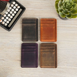 Tarjetero de cuero, billetera delgada con grabado, estuche para tarjetas de crédito, billetera de bolsillo minimalista, billetera delgada personalizada, regalo hecho a mano para él