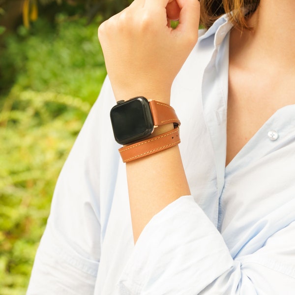 Double Wrap Leather Apple Watch Band | Women's Watch Strap | Wrist Jewelry | Modern Watch Band | Personalized Watch Strap