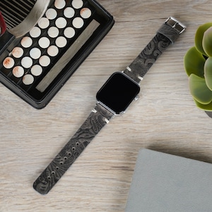 Black Flower Tooled Leather Apple Watch Band: iWatch Wristband