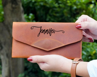 Handcrafted Real Leather Clutch Wallet - Personalized Bridesmaid Gift, Custom Monogrammed Handbag - Women's Purse, Unique Wedding Favor