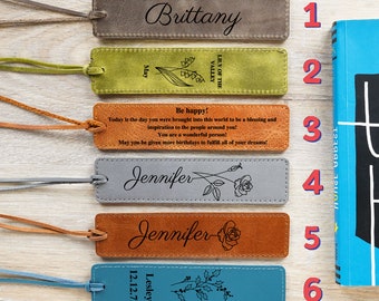 Christmas Gift Handmade Leather Bookmark with Birth Month Flower and Customization Options - Perfect Personalized Gift for Book Lovers