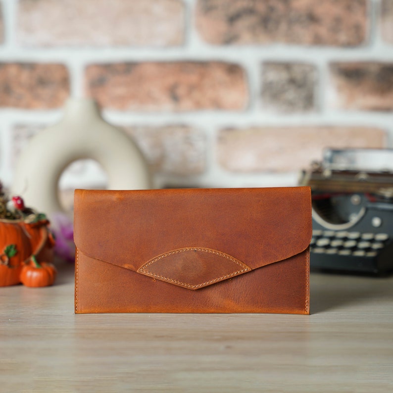 Personalized Leather Clutch, Unique Minimalist Wallet, Romantic Custom Hand Bag, For Her, Girlfriend, Wife, Fiance Camel