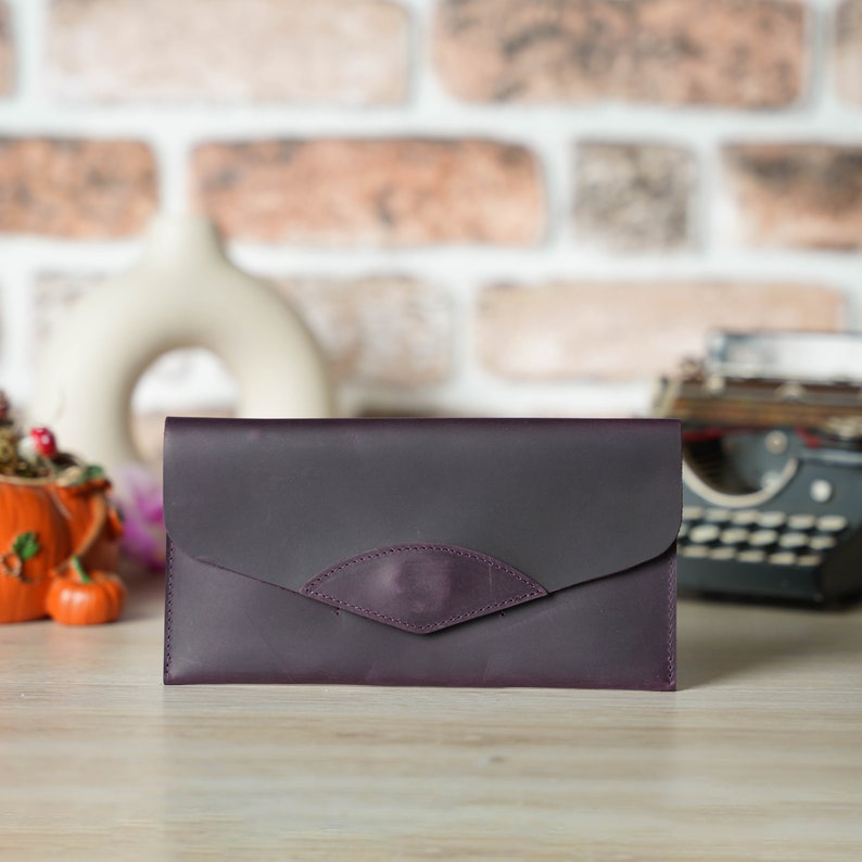 Personalized Leather Clutch, Unique Minimalist Wallet, Romantic Custom Hand Bag, For Her, Girlfriend, Wife, Fiance Plum