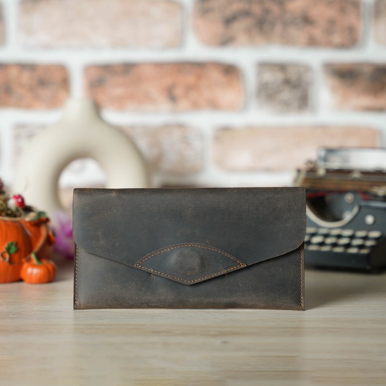 Personalized Leather Clutch, Unique Minimalist Wallet, Romantic Custom Hand Bag, For Her, Girlfriend, Wife, Fiance Chestnut