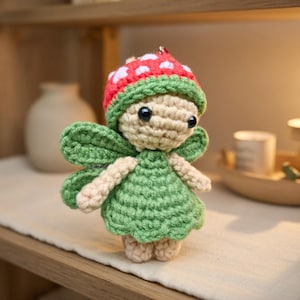 Puede incluir: Una muñeca de hadas de ganchillo hecha a mano con un gorro de seta. La muñeca tiene un vestido y alas verdes, con un gorro rojo y blanco con lunares. El hada tiene una cara y extremidades beige y ojos negros. La muñeca está sobre una superficie blanca.