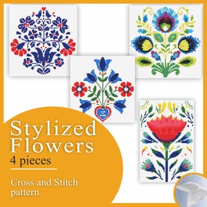 Ornamentation elements of different nations, consisting of stylized floral images. Cross stitch model instruction schemes for embroidery.