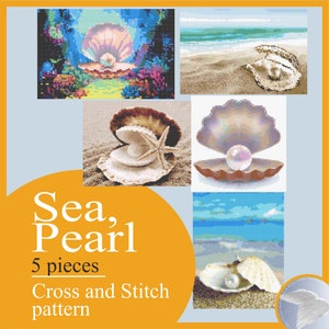 Stylized drawing of the mollusk and pearl with a cross Cross stitch pattern Embroidery instruction canvas