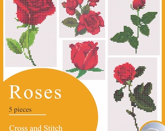 Einzelner Blumenstrauß leuchtende rote Rosen wilde Spitzen Blumen Feiertags-Feier-Liebes-Lust-Frauen-Tag Kreuzstich-Muster-Anleitung Stickerei