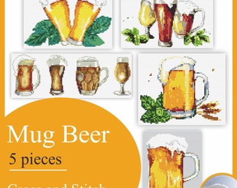 Beer lovers are given a mug of a refreshing drink. Simple cross stitch pattern Instruction Embroidery.