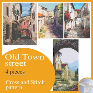 Romantic streets of the Old Town with a cross Cross Stitch Pattern Embroidery Instruction Canvas