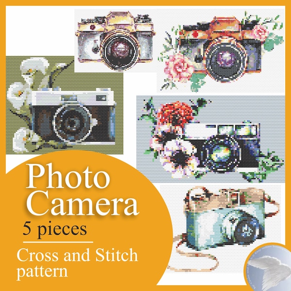 Foto Camera - an optical mechanical device to obtain images of objects. Cross stitch pattern Embroidery instruction canvas.