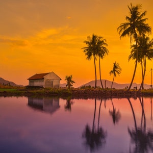 Cross Stitch Pattern Beach House Under A Palm in A Sunset