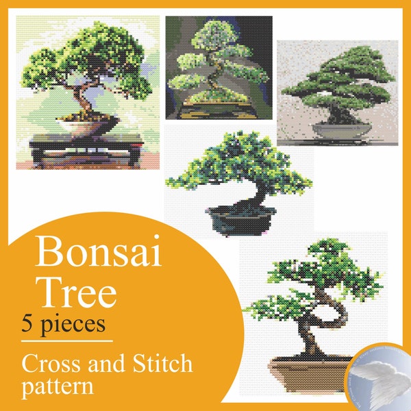 Bonsai Traditional Japanese art of growing and nurturing trees Simple cross stitch pattern Instruction Embroidery
