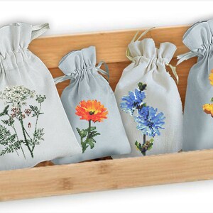 Embroidery of medicinal flowers with a cross on canvas bags Simple Spikes Cross Stitch Pattern Instruction Embroide