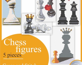 The jumoristic life situations of the figures of the intellectual Chess game. Simple cross stitch pattern Instruction Embroidery.