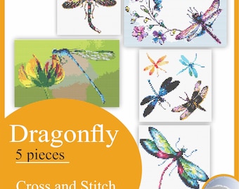 Dragonfly Small fairy horses flying in the meadow With a cross Cross stitch pattern Embroidery instruction canvas