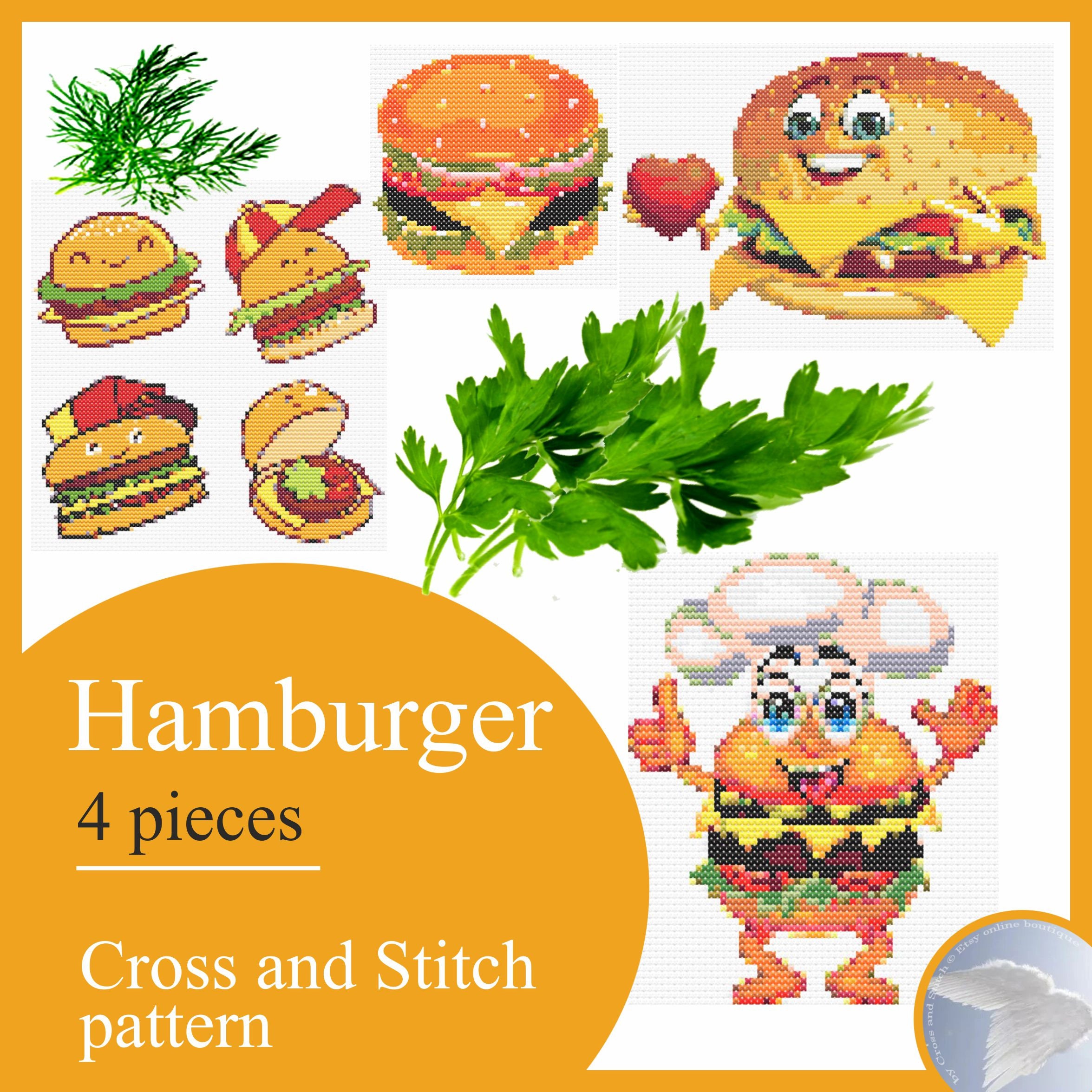 Stylized view of everyone's favorite snack Hamburger Cross Stitch Pattern Embroidery Instruction Canvas