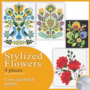 Ornamentation elements of different nations, consisting of stylized floral images. Cross stitch model instruction schemes for embroidery.