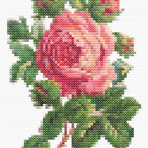 Red And Pink Roses Drawing Minimalistic Simple Spikes Green Cross Stitch Pattern Instruction Embroidery Chart