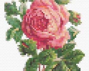 Rote und rosa Rosen, die minimalistische einfache Spikes zeichnen, grünes Kreuzstichmuster-Anweisungs-Stickerei-Diagramm