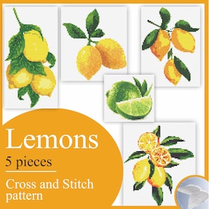 The fruits of the lemon tree, sour juice and floral aroma. Schemes of instructions for embroidery of the pattern of cross stitch.