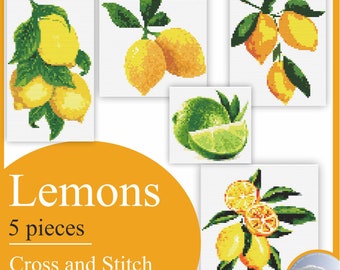The fruits of the lemon tree, sour juice and floral aroma. Schemes of instructions for embroidery of the pattern of cross stitch.