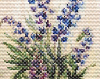 Wild Flowers Lupins Blue Grape Green Nature Boucette Purple Colors Cross Stitch Pattern Instruction Embroidery Chart